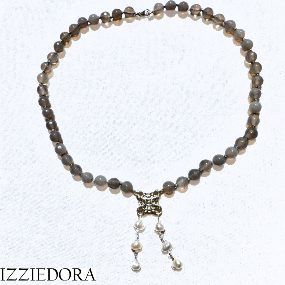 Kaethy Faceted Gray agate and Pearl Sterling Silver Necklace